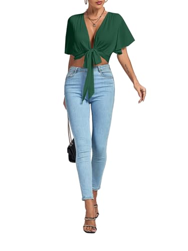 Image of LYANER Women's Sexy Deep V Neck Tie Front Wrap Cropped Blouse Bell Short Sleeve Ruffle Crop Tops