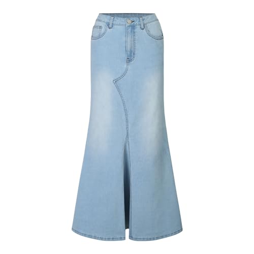 Women's Stretch Denim Maxi Skirt with Flare Hem, Trendy Long Skirt