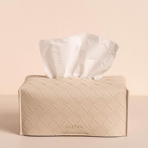 OLETHA Aesthetic Rectangle Tissue Box Cover, High Flat Box Tissues Holder Rectangular, Woven Textured, Light Taupe