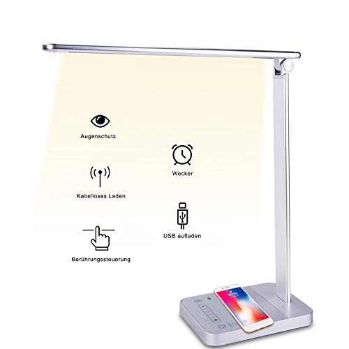 FamBrow Lámpara de escritorio LED, lámpara de mesa inteligente, regulable, cargador inalámbrico, para el cuidado de los ojos, lámpara de escritorio, luz de día de bajo consumo con función de memoria