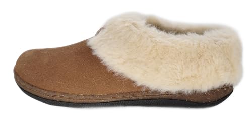Clarks Womens Slipper Suede Leather Plain Toe - Plush Faux Fur Collar/Lined With A Cork Midsole - Open Back Indoor Outdoor House Slippers For Women (Cognac US 93