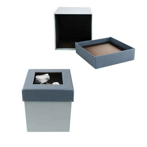 Emartbuy Lujo Rígido Caja de Regalo de Presentación Cuadrada, 11,5 x 11,5 x 9,5 cm, Caja Gris Con Tapa Azul, Interior Marrón Chocolate y Con Decoración de Flores Rosas