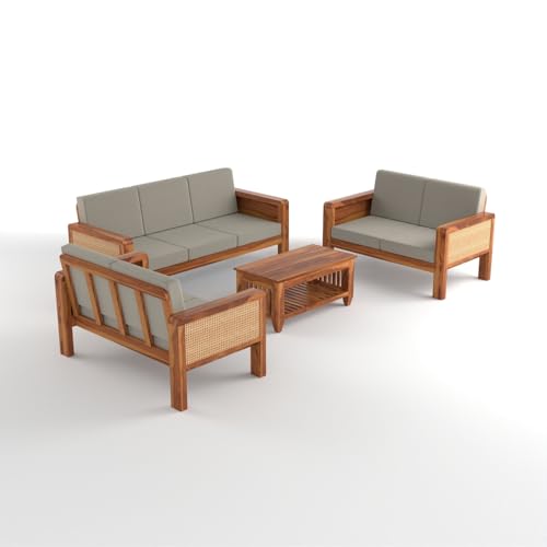 Image of Sheesham Wooden 7 Seater Sofa for Living Room | Solid Wood Sofa with Cane Side Panel | Rosewood Sofa Set for Home & Office | Lounge (Honey Finish, 3+2+2 Seater)