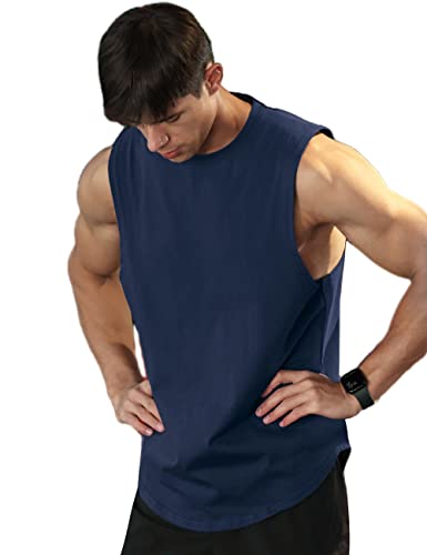 Viisendy Pro Men's Athletic Tank Tops Vest Workout Bodybuilding Workout Gym Shirts Cotton Cut Out Sleeveless Muscle Tees Navy blue2 2XL