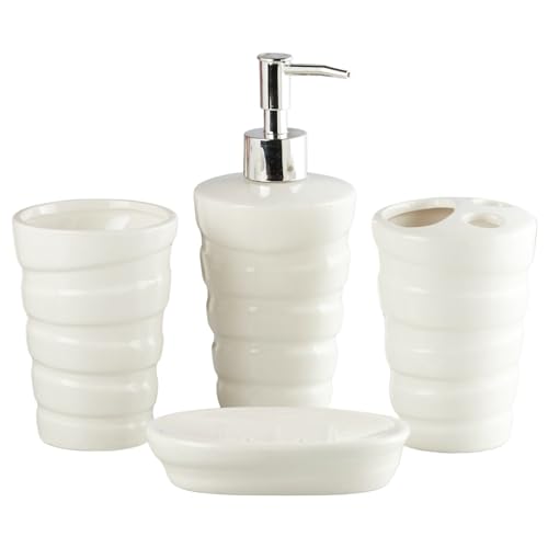 Image of Kookee Ceramic Bathroom Accessories Set of 4, Modern Bath Set with Liquid handwash Soap Dispenser and Toothbrush Holder, Luxury Gift Accessory for Home, White (10237)