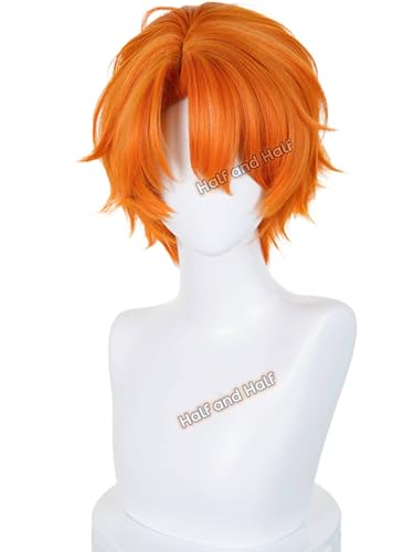 Half and Half Short Orange Anime Cosplay Wig with Bangs Red Orange Spiky Layered Wigs for Unisex Party Daily