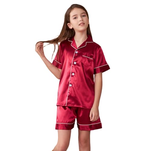 Teen Girls 𝐒ilk 𝐏ajama Set Short Sleeve Satin 𝐏ajamas Button Down Sl𝐞epwear for Girls 𝗦nug (RD2, 13-14 Years)