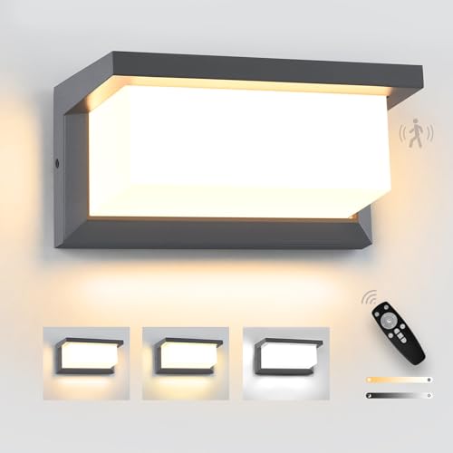YindaLux 18W LED Lámpara de Exterior con Detector de Movimiento, Aplique con Mando a Distancia, IP65 Lámpara de Pared Interior, 3000-6500K, Lámpara de Exterior Regulable para Jardín, Antracita