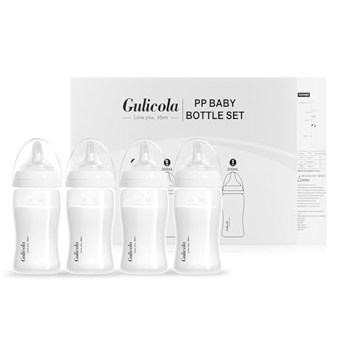 Image of Gulicola Natural Breastfeeding Bottles Wide Neck, Newborn Baby Bottles with Slow Flow Nipples (S), 0 Months +, BPA Free PP, 7 oz & 4 Pack - White