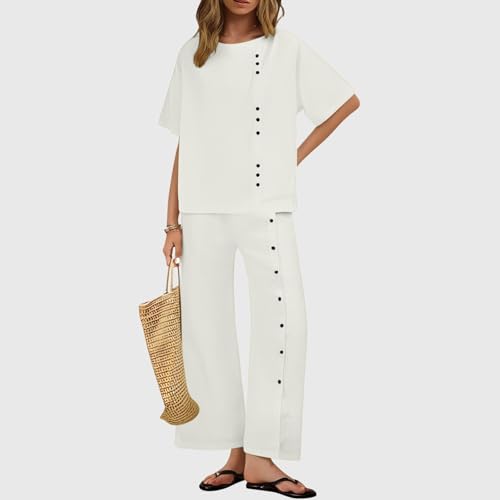 Oplxuo 2 Piece Lounge Set Women Cotton Linen Short Sleeve Button Tee Shirt Wide Leg Pants Casual Summer Loungewear Pants Sets2