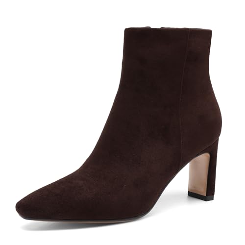 Brown Suede Ankle Boots for Women Pointed Toe Chunky High Heeled Booties Fall Dressy Short Boots with Zipper4