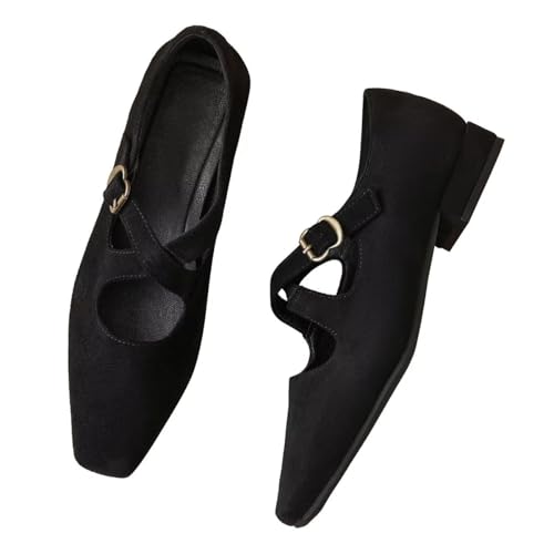 Hee grand Chunky Block Heels for Women Suede Closed Square Toe Cross Strap Mary Jane Shoes Comfortable Low Heel Office Pumps