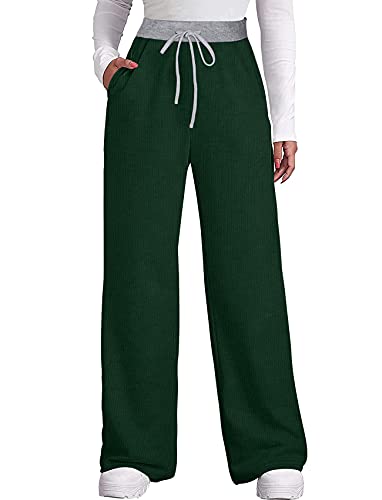 Dofaoo Wide Leg Sweatpants for Women Winter Lounge Long Pants with Pockets Dark Green XL