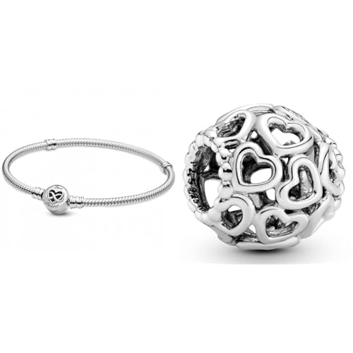 Pandora Armband Moments Herz-Unendlichkeits-Verschluss Silber 599365C00 19 cm & All Over-Herzen Charm Sterling-Silber 11 x 11 x 10,7 mm (T/H/B)