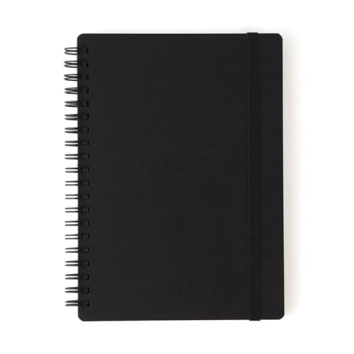 MUJI 無印良品 B5 Double Ring Notebook, Ruled Paper, 70 Sheets, Black with Rubber Band Closure