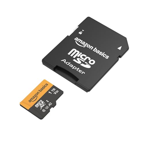 Imagen de la tarjeta microSD Amazon Basics de 1 TB junto a su adaptador SD.