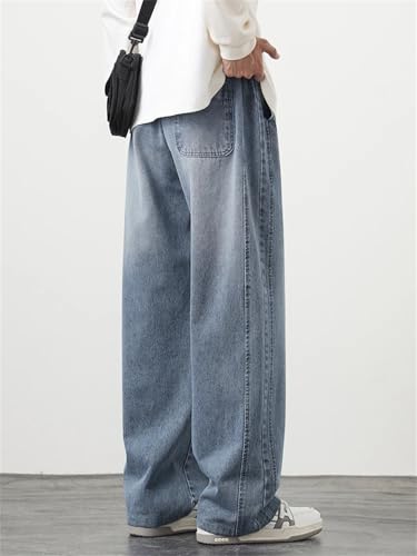 Men Wide Leg Jeans Plus Size Solid Color Drawstring Straight Denim Pants Baggy Jeans Trousers4
