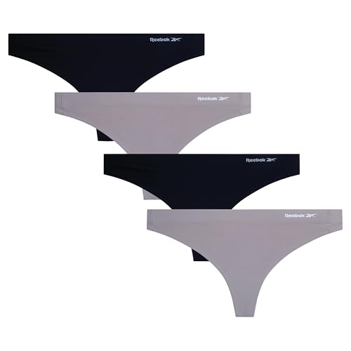 Reebok Womens Thong Underwear - 4 Pack or 8 Pack Stretch Performance Womens Underwear Sexy Seamless Thongs for Women (S-XL), Size Large, Shark Skin/Black-4pk