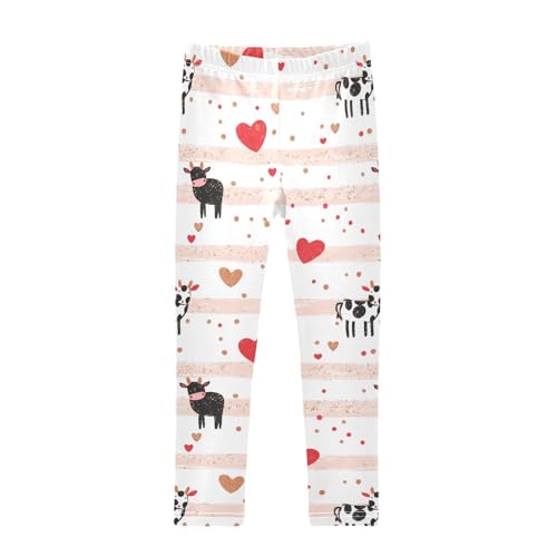 Cow Stripes Red Hearts Girls Casual Leggings for Kids Printed Long Pant Bottoms Stretch and Soft