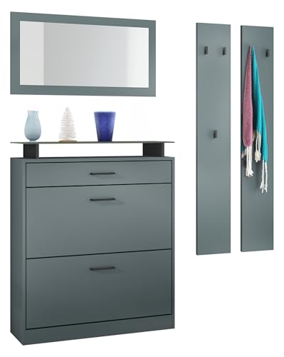 Vladon Garderobenset Enigma, Garderobe bestehend aus 1 Schuhschrank, 1 Wandspiegel und 2 Garderobenpaneele, Fjord Grün