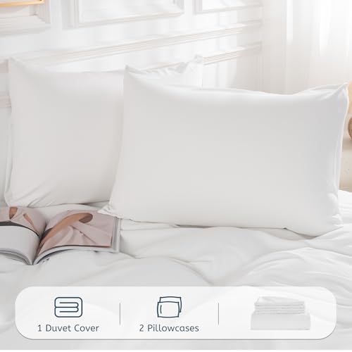 Image of NEXHOME PRO Duvet Cover Queen,White 3 Pieces Duvet Cover Set, Soft and Lightweight 100% Washed Microfiber Comforter Cover Set for All Season(White Queen, 90 x 90)-No Comforter