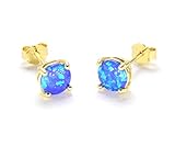 Gold Plating Sterling Silver Blue Fire Opal Stud Earrings for Women 6MM Faux Round Gemstone October Birthstone Earrings