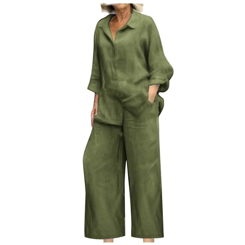 2 Piece Sets for Women Fall,Pant Suits for Women Dressy Long Sleeve Shirts & Wide Leg Trousers Loose Fit Dressy Cotton Linen Sets Outfits 2025 Green XL