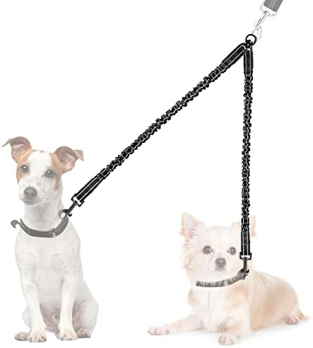 Nasjac Double Dog Lead Splitter, No Tangle 360 Rotation Dog Leash Coupler for Walking 2 Dogs, Adjustable Shock Absorbing Bungee Reflective Dual Lead for Two Pets Dogs Medium Large Training