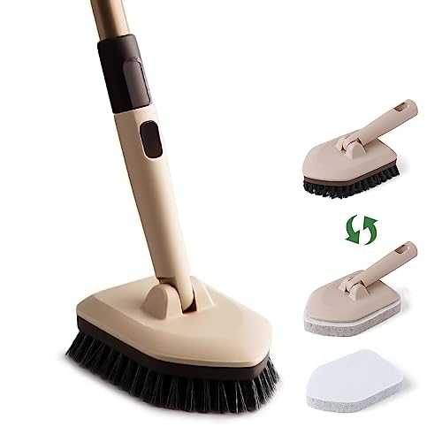Eyliden 2-in-1 Floor & Tub Scrubber Brush - 1 Stiff Bristles Brushes & 2 Non-Scratch Pads, 180°Swivel Head, Adjustable Handle - Deep Cleaning Tub, Bathroom, Tile, Shower, Sink