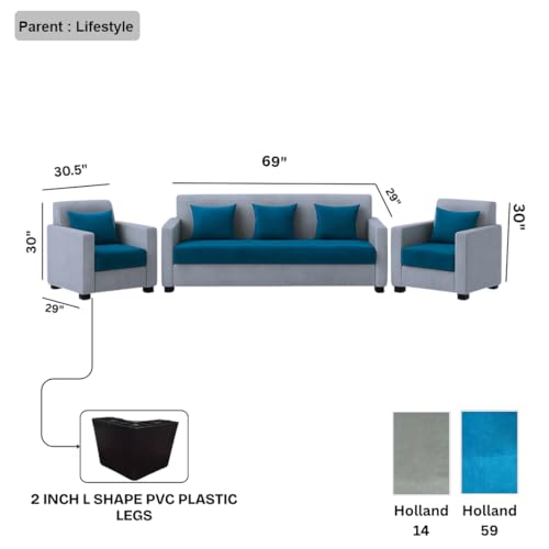 Image of FURNY Rion 5 Seater Fabric 3+1+1 Sofa Set (Aqua Blue-Light Grey) Premium Velvet Finish | Durable & Comfortable | Ideal for Living Rooms