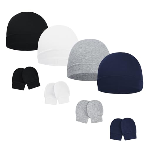 Image of American Trends Baby Beanies for Boys Girls Newborn Infant Hat with Mittens Cute Cotton Hospital Hats for 0-6 Months