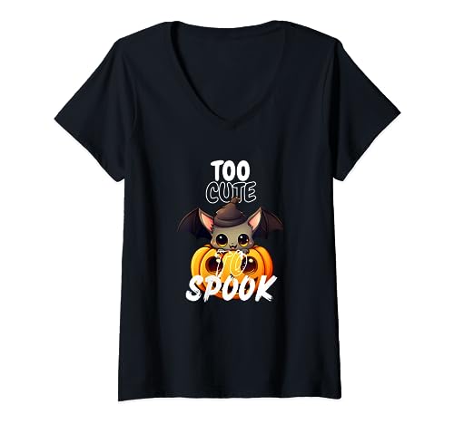 "Too Cute To Spook" - Funny Kawaii Bat in Halloween Pumpkin V-Neck T-Shirt