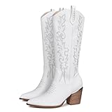 AMINUGAL White Cowboy Boots - Fashion Cowgirl Embroidered Ladies Knee High Pull On Chunky Boots - Wide Calf Size 8