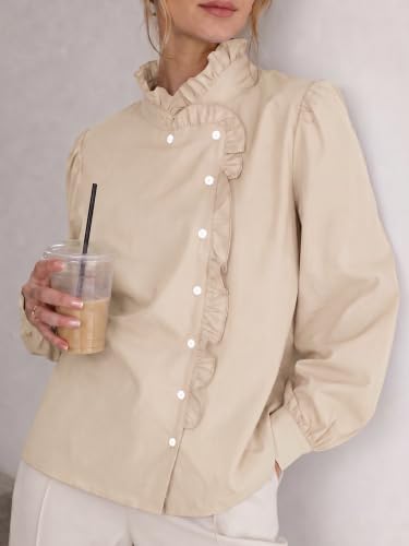 Flowyair Button Down Shirts for Women Casual Long Sleeve Ruffle Fall Tops | long sleeve,asymmetrical button,button cuffs,open front,trendy - image 2