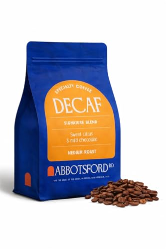 Abbotsford Road Whole Bean Decaf Coffee, Specialty Medium Roast 12 oz Bag, Chemical-Free Arabica Decaffeinated Coffee Beans, Freshly Roasted, Flavored Swiss water decaf coffee Beans, Sweet Citrus & Mild Chocolate Notes