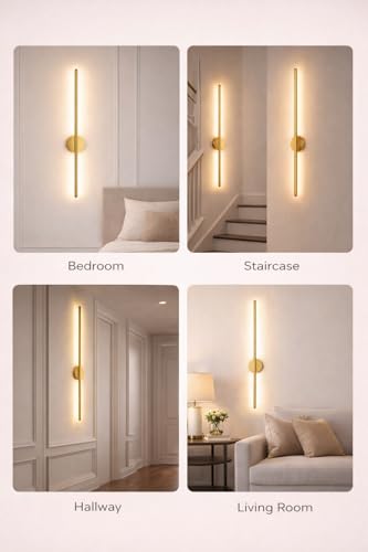 Image of SAH Modern LED Gold Wall Light Vertical Metal Wall Lamp Soft & Bright LED 3 Step Color Changing, Ambient Lighting Ideal for Living Room, Bedroom, Hallway, Bathroom and Home Decoration