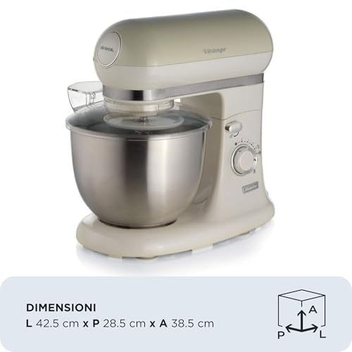 Ariete Vintage 8803 Stand Mixer Food Processor, 1200W, 5.5 Litre Stainless Steel Bowl, Planetary Motion, 7 Speeds + Pulse, Anti Splash Cover, Cream