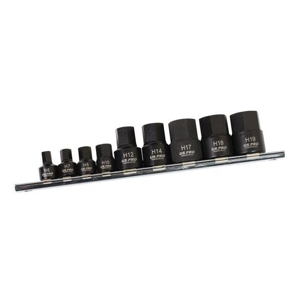 US PRO INDUSTRIAL 9pc 1/4" 3/8" DR Stubby Impact Hex Allen Key Bit Sockets Set 3863