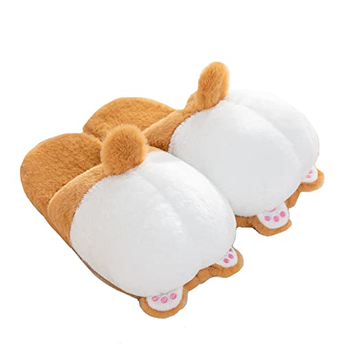 Women Fuzzy Corgi Slippers Non-Slip Novelty Plush Animal Slippers Warm Comfy Bedroom House Shoes Gift