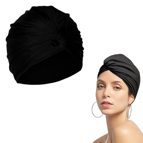 Badekappe, Badekappe für Damen, Schwimmkappe, Schwimmkappe, Badekappe, Turban aus plissiertem Stoff, Badekappe, Badekappe, Schwarz