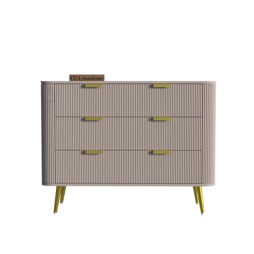 Image of Wooden Chest of Drawers | 3 Drawers Dresser Console Cabinet for Bedroom, Living Room, Drawing Room & Office | Multipurpose Storage Sideboard|HDMR Premium Wood & Iron | Taupe