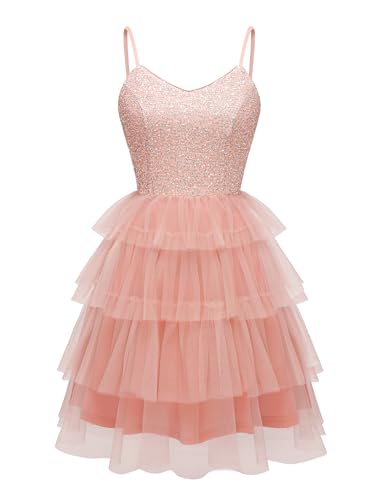Image of Dressystar 2026 Women's Tiered Sparkly Sequin Glitter Formal Prom Dress Mini Spaghetti Strap Tulle Cocktail Party Dresses