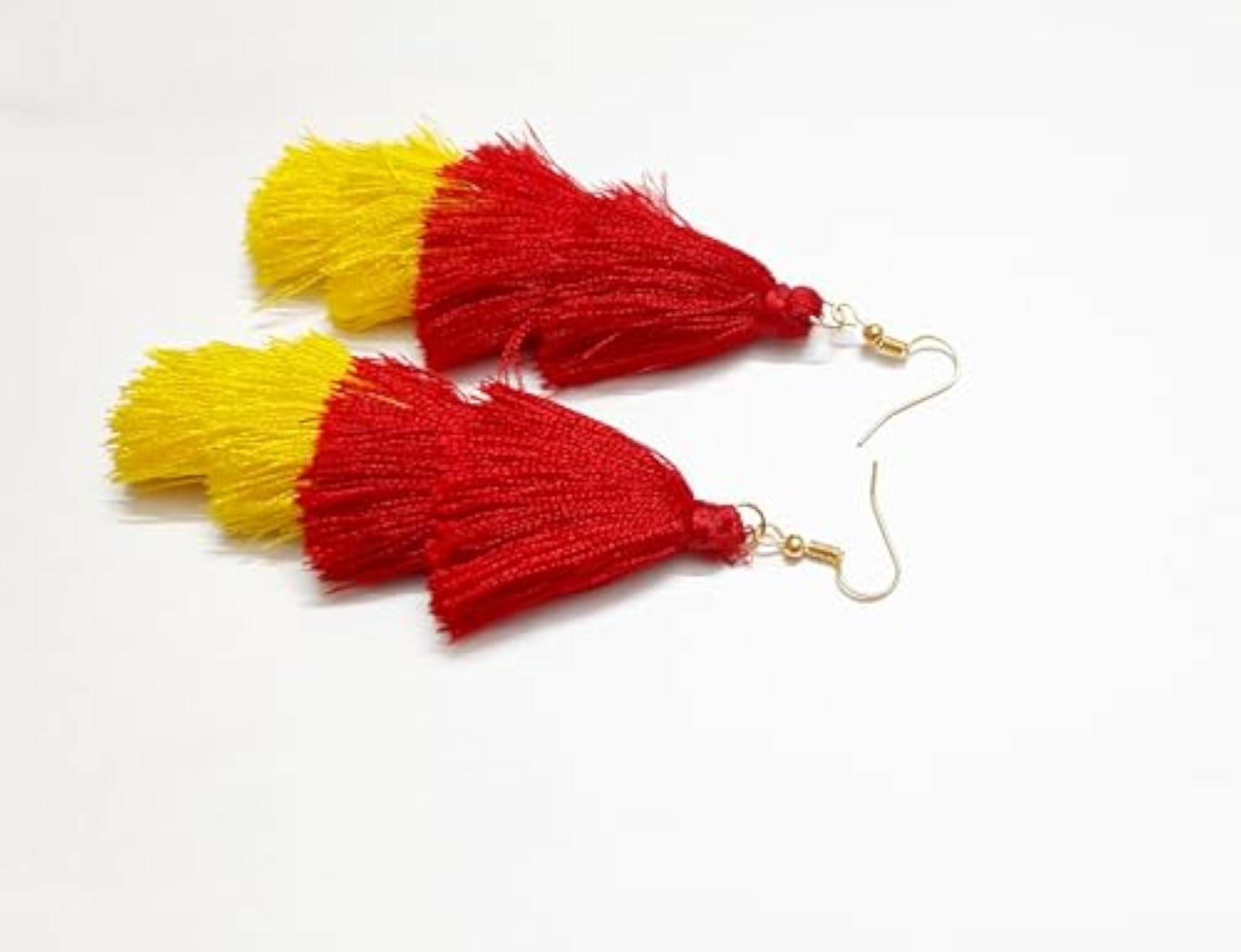 Women's Silk Thread Tassel Earrings in Red and Yellow