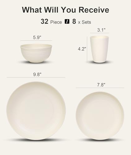Image of Quatish 32 Piece Plates and Bowls Sets for 8, Unbreakable Dinnerware Sets, Dish Set for Camping, Dishwasher Microwave Safe, Outdoor Kitchen and Apartment Dorm Dinning RV Essentials, Beige