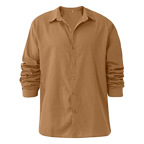 Men's Linen Button Down Shirts Casual Long Sleeve Summer Beach Shirt Tops Lightweight Solid Color Loose Fit Shirt (Yellow 1,Medium)