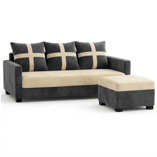 Image of Caviriq 4 Seater L Shape Sofa Set with Movable Ottoman | Flexible Left or Right Layout | Luxury Velvet Suede Fabric | Modern Living Room Sofa | Dark Grey-Cream