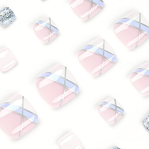 Clataly 24pcs Square Flowers Fake Toenails Glossy Glitter Press on Toe Nails Short Acrylic False Toes Nails Artificial Toenail for Women Girls (F) - Image 3
