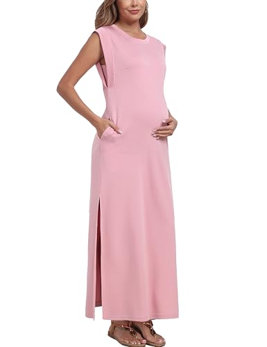 Summer Sleeveless Maternity Dress, Casual Loose Split Wrinkle-Free Long Maxi Dress with Pockets, Pink, Large