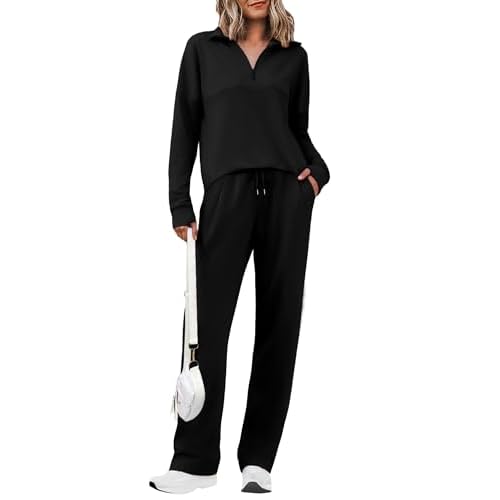 Totatuit Womens Sweatsuits 2 piece Set Lapel Half Zip Lightweight Sweatshirts and Wide Leg Pants Tracksuit Lounge Sets