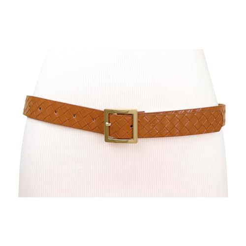 Women Brown Classic Fashion Belt - Hip Waist Basket Weave Band Gold Square Buckle S M z0054